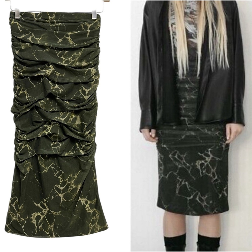 Zara Skirt Womens‎ XS Green Marble Print Ruched Midi Pencil Stretch Lined Mesh